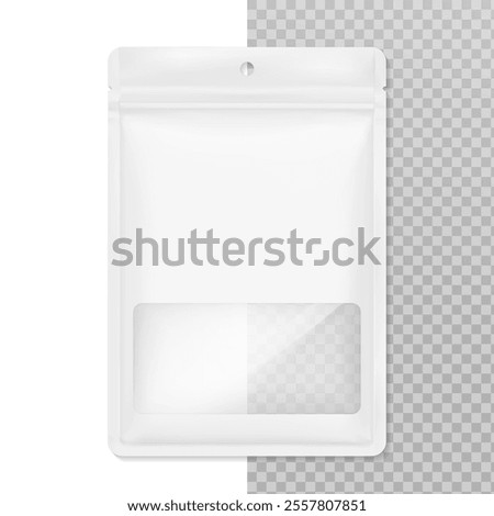 Sachet ziplock bag with clear window and round hole mockup. Hyper realistic vector illustration isolated on white and transparent background. Ready for use in your design. EPS10.	