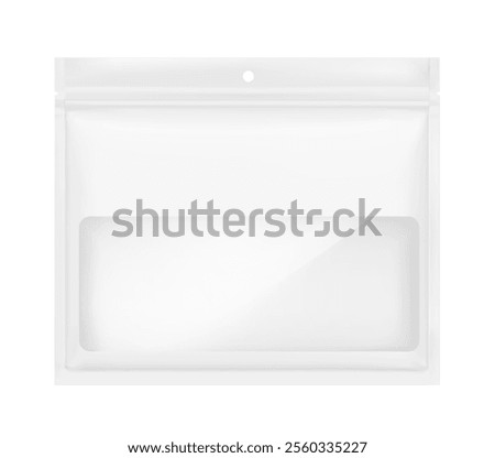 Sachet ziplock bag with clear window and round hole mockup. Hyper realistic vector illustration isolated on white background. Ready for use in your design. EPS10.	
