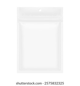 Sachet ziplock bag with zip lock and hold slot mockup. Hyper realistic vector illustration isolated on white background. Ready for use in your design. EPS10.