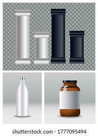 sachets packing product and bottles vector illustration design