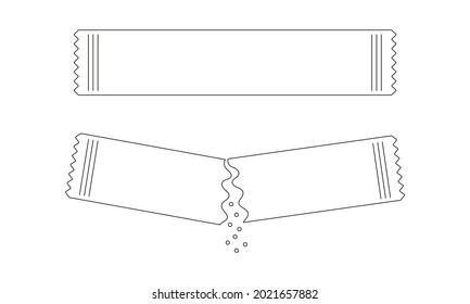Sachets with sugar or salt whole and poured. Packets with soluble culinary powder in linear style. Editable stroke. Thin line icons. Vector outline illustration. 