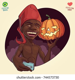 Saci Perere, brazilian folklore legend and Jack O'Lantern shoting a selfie to celebrate october 31th, both Hallloween and Saci's day - Translation: Made in Brazil - Made with Love