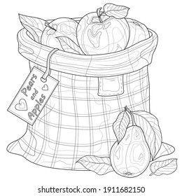 Sack of apples and pears.Coloring book antistress for children and adults. Zen-tangle style.Black and white drawing.Hand draw