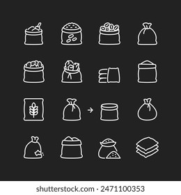 Sack, bag icon set, white lines on black background. Grains, gems, coffee, flour, rice storage bags. Cereals and more. Customizable line thickness