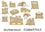 Sack or bag sand and rice seed. Farmer flour and potato pallet brown farming isolated vector illustration. Plant mill wheat agriculture and farm harvest icon set. Cartoon harvesting product symbol