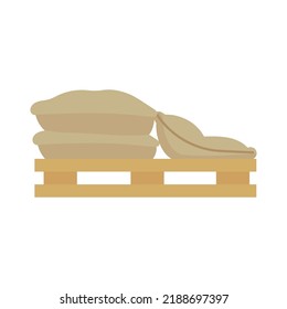 Sack or bag sand and rice seed. Farmer flour and potato pallet brown farming isolated vector illustration. Plant mill wheat agriculture and farm harvest icon. Cartoon harvesting product symbol