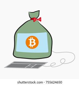 Sack with Bitcoin. Bitcoin is on a screen of a computer. Crypto currency. Digital payment system.