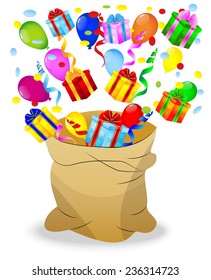 sack with bright gift boxes and serpentine,  vector  illustration
