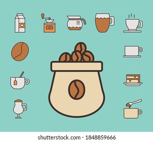 sack with bundle of coffee set fill style icons vector illustration design