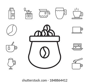sack with bundle of coffee set line style icons vector illustration design