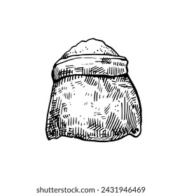 Sack with cereals isolated on white background. Hand-drawn sketch. Harvest of rice grain. Vector illustration.