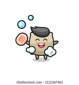 sack character is bathing while holding soap , cute style design for t shirt, sticker, logo element