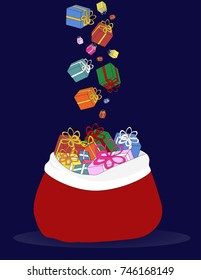 sack of christmas gifts on dark the background.