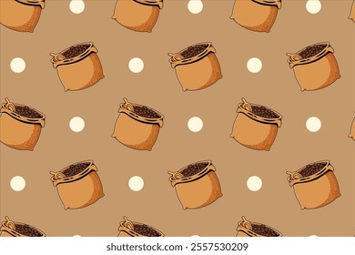 sack of coffee bean with dot element colorful seamless pattern on brown background for print on packaging, stationery, merchandise.  classic sack of coffee beans seamless pattern background. 