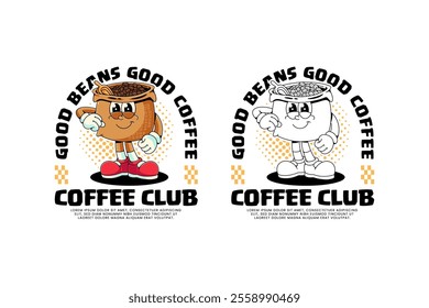 sack of coffee bean and wooden shovel retro cartoon character mascot illustration with standing and self confident pose for beverage, restaurant, cafe mascot and merchandise