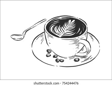 Sack with coffee beans with  cup Hand drawn sketch style. Vintage vector engraving illustration for label, web. Isolated on white background