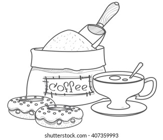 Sack of coffee beans, donuts and cup outline drawing.