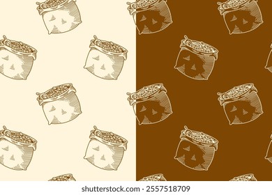 sack of coffee beans doodle seamless pattern on brown white background for print on packaging, merchandise.  retro coffee beans pattern background. pattern of sack of coffee beans vector background