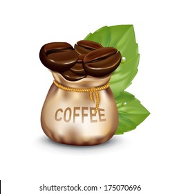 sack of coffee beans and fresh leaves isolated on white