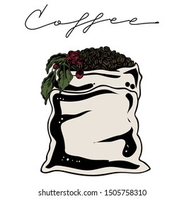 Sack of coffee beans raw and roasted, vector