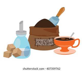 Sack of coffee beans, sugar and cup color illustration.