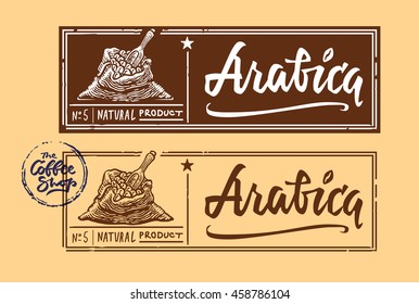Sack with coffee beans with wooden scoop. Hand drawn sketch style. Vintage vector engraving illustration for label. Isolated on light background. Lettering for stamp.