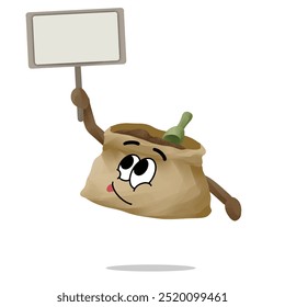sack of coffee cartoon mascot character hold a blank sign board. happy face emoticon