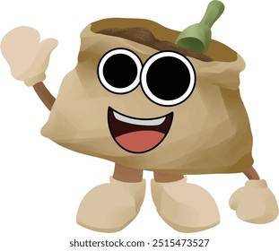 sack of coffee mascot wave hand and smile