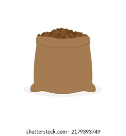 Sack of coffee on white background. Canvas bag with coffee beans. Cartoon vector illustration