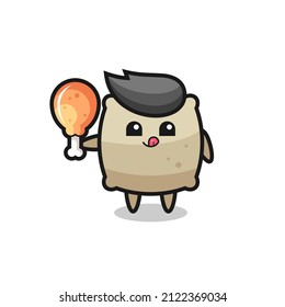 sack cute mascot is eating a fried chicken , cute style design for t shirt, sticker, logo element