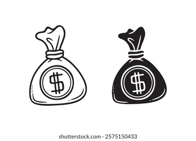 sack of dollar bills in outline and silhouette style