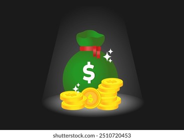 Saco de Ilustración vectorial de moneda de dólar en fondo negro. Adecuado para contenido de crecimiento financiero y de inversión