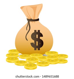 Sack of dollar with pile of golden coins Vector Icon
