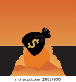 Sack with dollar symbol falling from a cliff at sunset