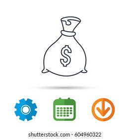 Sack with dollars icon. Money bag sign. Banking symbol. Calendar, cogwheel and download arrow signs. Colored flat web icons. Vector