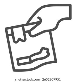 Sack com evidência em ícone de linha de mão, conceito de força policial. Gráficos vetoriais. Saco de evidência com cigarro, sinal de investigação sobre fundo branco, ícone de estilo de contorno para design móvel ou web