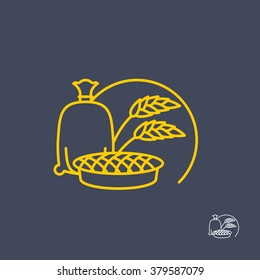 Sack of flour and cherry pie. Logo for bakeries. Pastry logo. Symbol for bakery or baking store. Linear logo for bread and rolls
