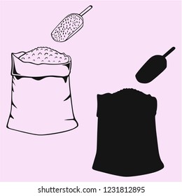 sack of the flour or grain and scoop vector silhouette isolated