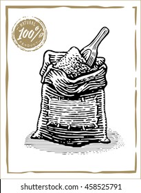 Sack of flour. Hand drawn engraving. Vector vintage illustration. Isolated on color background. Frame  and  stamp.