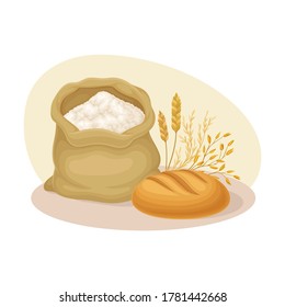 Sack with Flour and Loaf of Fresh Bread Vector Composition