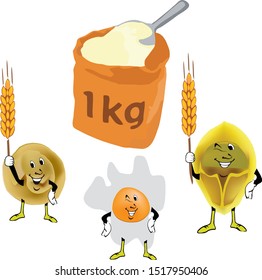 sack of flour processed pasta with egg cartoon