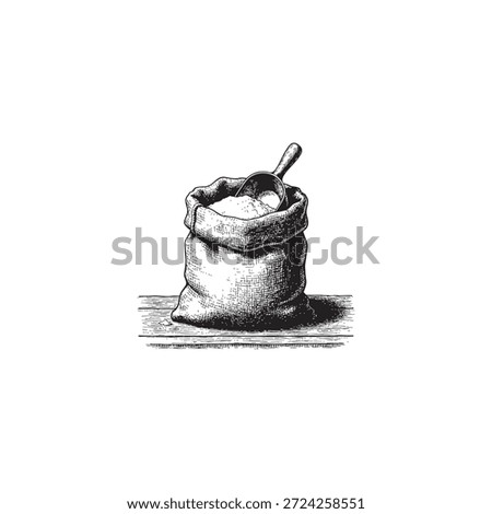 Sack of Flour with Scoop - Baking Ingredients Engraving, drawn in an engraved, woodcut style with fine details sketch engraving vector illustration.