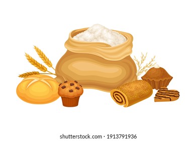 Sack with Flour and Sweet Pastry and Bread Loaf Vector Composition