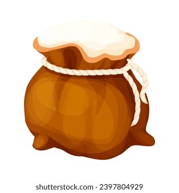 Sack with flour, wheat powder, open bag with rope in cartoon style farm harvest isolated on white background. Packaging 