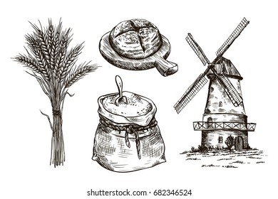 sack of flour, windmill and fresh bakery products. homemade baking. bakery products. vector sketches on white