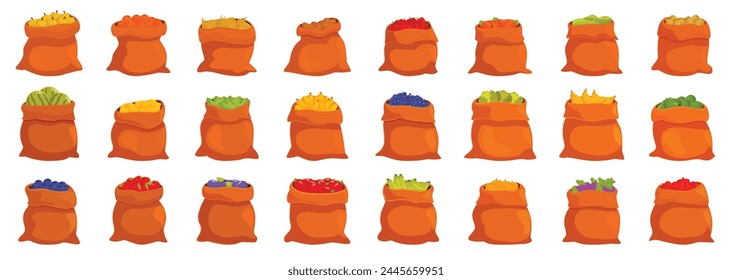 Sack fruit icons set cartoon vector. Fresh nature harvest. Grain crop