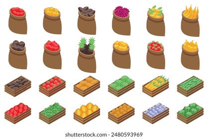 Sack fruit icons set. Fresh fruits and vegetables are overflowing from wooden crates and burlap sacks at a farmers market