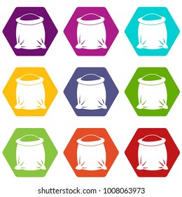 Sack full of flour icon set many color hexahedron isolated on white vector illustration