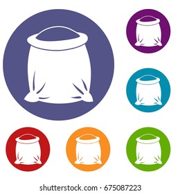 Sack full of flour icons set in flat circle reb, blue and green color for web