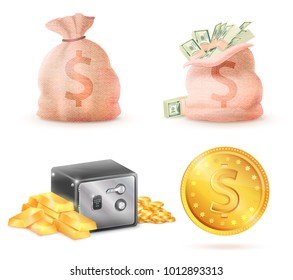 Sack full of money, metal safe strongbox and linen closed bag with banknotes, golden coin dollar sign, isolated on white background. Currency symbols